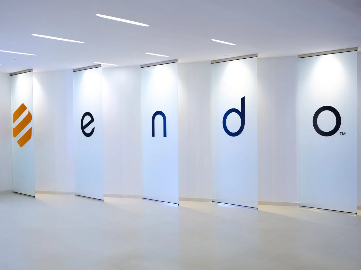 The Endo logo on the side of an office wall.
