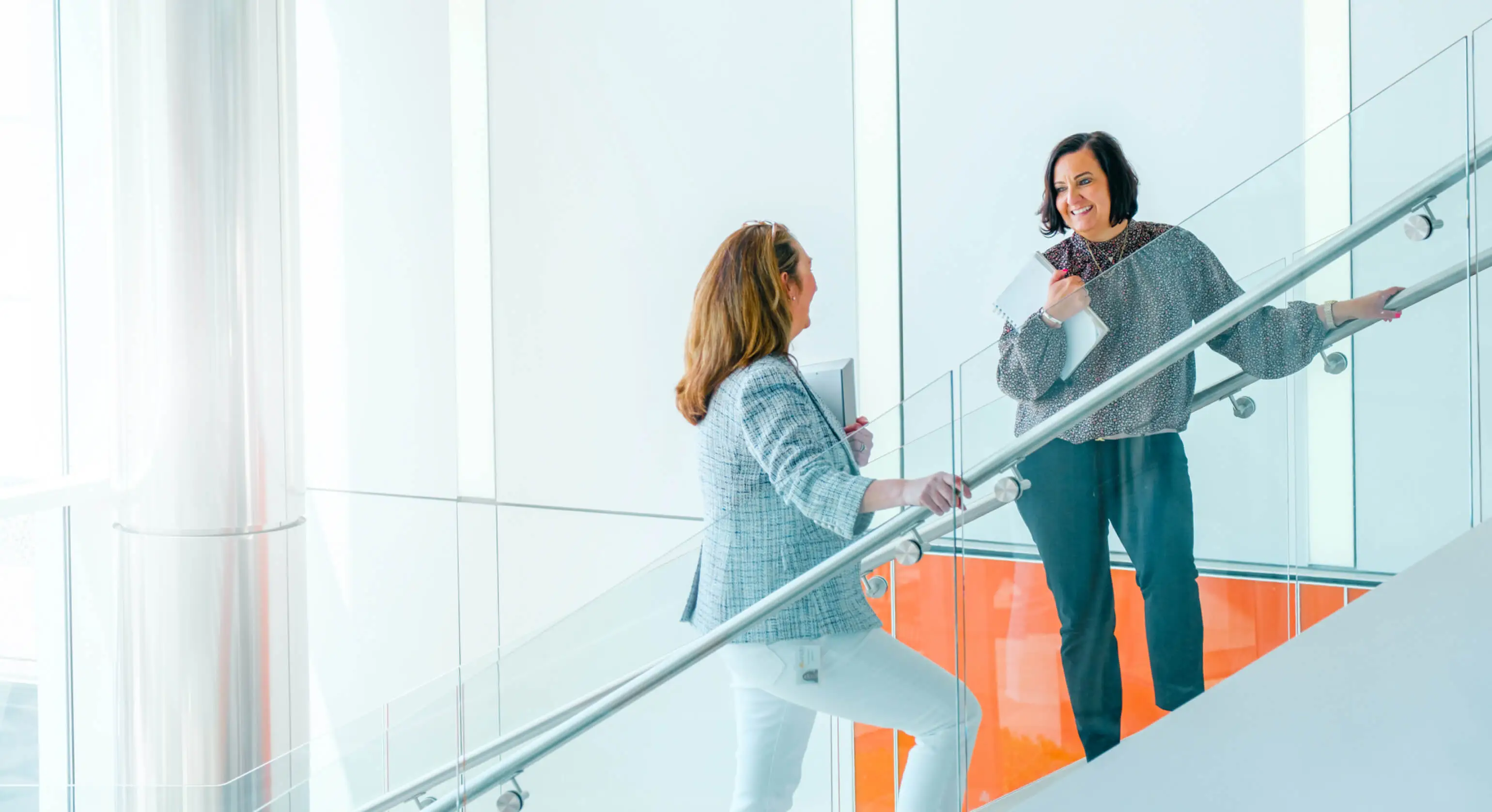 Co-workers talking on stairs